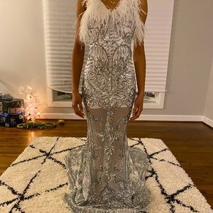 Silver/Faux Fur Prom Dress